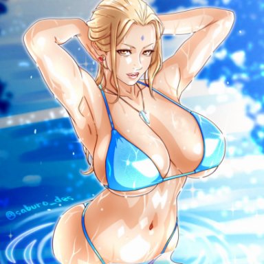 naruto, naruto (series), naruto shippuden, tsunade, saburo des, 1girls, adjusting hair, armpits, arms behind head, arms up, big breasts, bikini, blonde hair, blush, breasts