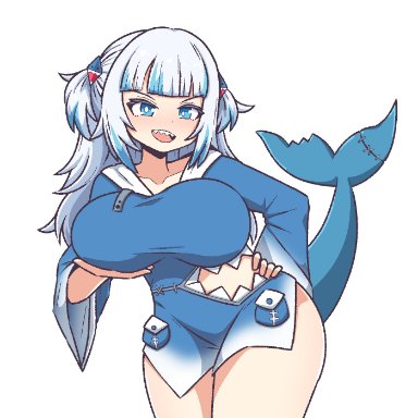 hololive, hololive english, gawr gura, inksgirls, 1girls, alternate breast size, bangs, hair ornament, holding breast, huge breasts, long hair, looking at viewer, shark girl, shark tail, sharp teeth