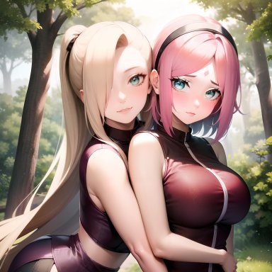 boruto: naruto next generations, naruto, naruto: the last, naruto (series), naruto shippuden, ino yamanaka, sakura haruno, kurohoof, 2girls, big breasts, blonde hair, blue eyes, breasts, busty, embarrassed