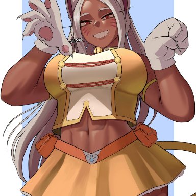 miruko, rumi usagiyama, wild wild pussycats, gud0c, 1girls, abs, big breasts, bunny ears, dark-skinned female, dark skin, looking at viewer, skirt, sole female, solo focus, thick thighs