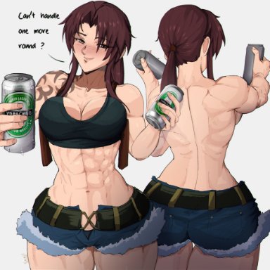 black lagoon, revy, yoracrab, 1girls, abs, back view, beer, beer can, beer mug, belly, belly button, big breasts, blush, blushing, breasts