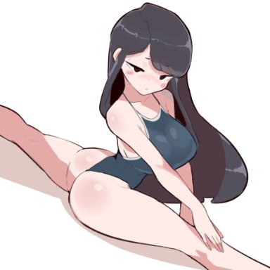 komi-san wa komyushou desu, komi shouko, akisas99, big ass, big breasts, black hair, blush, brown eyes, gym uniform, long hair, one-piece swimsuit, stretching