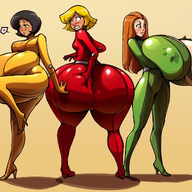 totally spies, alex (totally spies), clover (totally spies), sam (totally spies), tail-blazer, ass expansion, belly expansion, bottom heavy, breast expansion, breasts, breasts out, embarrassed, exposed breasts, giant nipples, huge ass