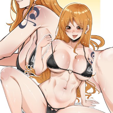 one piece, nami, almualim, mifenami, 1girls, abs, bare feet, barefoot, bikini, black bikini, blush, breasts, feet, female, huge breasts