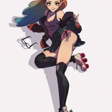 league of legends, project series, cyber pop zoe, zoe (league of legends), glasses, green eyes, multicolored hair, roller skates, skirt, skirt lift, tank top, thigh socks, thong, thong bikini, tagme