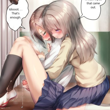 ayanakitori, 1futa, 1girls, after orgasm, blue eyes, bottomless, breasts, brown hair, clothed, clothing, cum, cum drip, cum on clothes, cum on leg, ejaculation