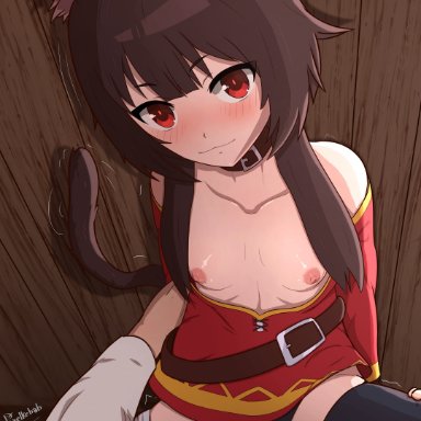 megumin, pixelkebab, 1boy, against wall, bandaged leg, bandages, bare shoulders, black collar, black panties, black thighhighs, blush, cat ears, cat girl, cat tail, catgirl