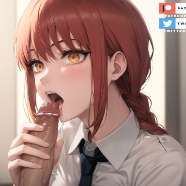 chainsaw man, mappa, makima (chainsaw man), aistoria, 1boy, 1girls, black necktie, blowjob, braided ponytail, fellatio, female, fringe, licking penis, nipples, open mouth