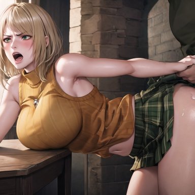 resident evil, resident evil 4 remake, ashley graham, nai diffusion, stable diffusion, 1boy, 1girls, bent over, bent over table, bimbo, blonde hair, blue eyes, breasts, captured, clothed
