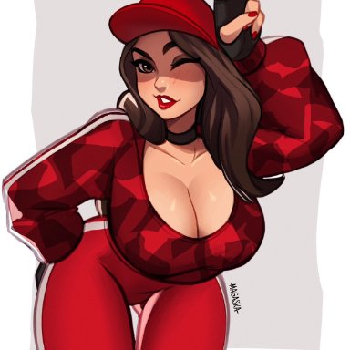 fortnite, fortnite: battle royale, ruby (fortnite), magaska19, bent over, breasts, choker, dick sucking lips, light-skinned female, light skin, red hat, red lipstick, thick ass, thick thighs, wink