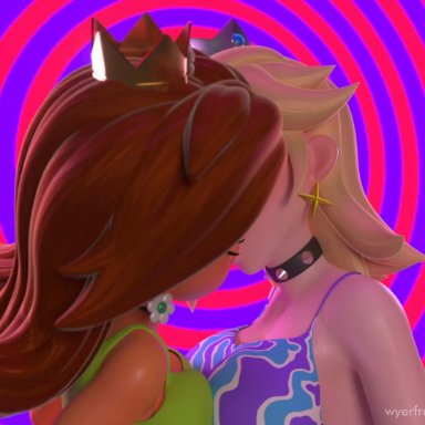 mario (series), nintendo, princess daisy, princess rosalina, wyerframez, 2girls, drooling, earrings, french kiss, french kissing, hand holding, huge breasts, hypnosis, hypnotic eyes, intimate