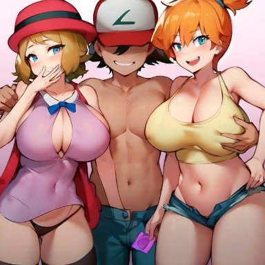 nintendo, pokemon, pokemon rgby, pokemon xy, kasumi (pokemon), satoshi (pokemon), serena (pokemon), cucarachaaa, 1boy, 1boy2girls, 2girls, 3some, alternate breast size, big breasts, blue eyes