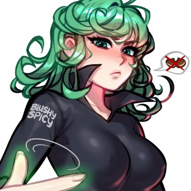 tatsumaki, blushypixy, blushyspicy, 1girls, clothed, clothing, eyebrows, eyebrows visible through hair, eyelashes, female, female only, green hair, looking at viewer, nipples bulge, pictographics