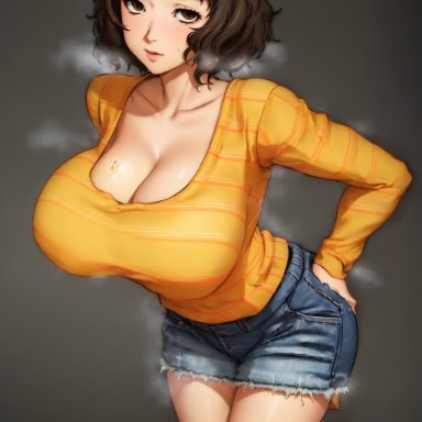 persona, persona 5, sega, sadayo kawakami, stable diffusion, 1girls, brown eyes, brown hair, cleavage, huge breasts, massive breasts, messy hair, shorts, teacher, ai generated