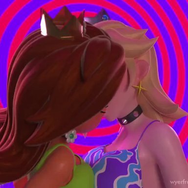 mario (series), nintendo, princess daisy, princess rosalina, wyerframez, 2girls, hypnosis, kissing, 3d, 3d animation, animated, tagme, video