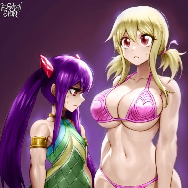 fairy tail, lucy heartfilia, wendy marvell, thegoldensmurf, 2girls, alternate breast size, bikini, blonde hair, breast envy, female, female only, large breasts, looking at breasts, muscular female, oblivious