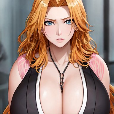 bleach, matsumoto rangiku, ai generated, nai diffusion, stable diffusion, 1girls, big breasts, blue eyes, breasts, busty, center opening, cleavage, female, female only, huge breasts