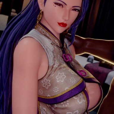 king of fighters, snk, luong, bouquetman, 1boy, 3d render, between breasts, breast press, breasts, cleavage, cleavage cutout, clothed, clothed female, clothing, clothing cutout