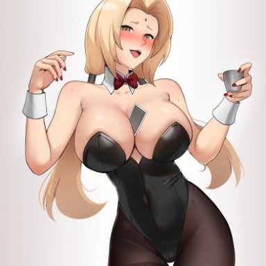 naruto, naruto (series), naruto shippuden, tsunade, hioyami, 1girls, alternate costume, between breasts, black leotard, blonde hair, blush, bow, bowtie, breasts, brown eyes