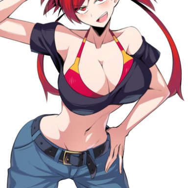 nintendo, pokemon, flannery (pokemon), suzusiigasuki, 1girls, arm above head, bent over, big breasts, busty, cleavage, confident, female, female only, hand on hip, hand on own head