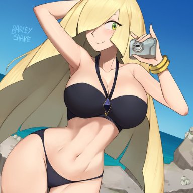 game freak, pokemon, pokemon sm, lusamine (pokemon), barleyshake, 1girls, armwear, beach, big breasts, bikini, bikini bottom, bikini top, black bikini, blonde hair, bracelet