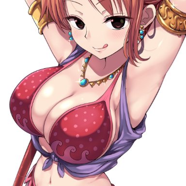 one piece, nami, kasai shin, 1girls, breasts, cleavage, dancer outfit, female, huge breasts, large breasts, light-skinned female, light skin, medium hair, midriff, orange hair