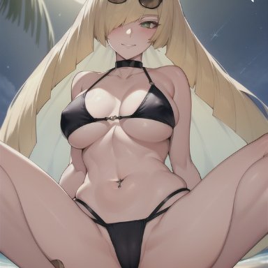 game freak, pokemon, pokemon sm, lusamine (pokemon), nai diffusion, stable diffusion, bangs, bare shoulders, beach, bikini, black bikini, black choker, blonde hair, blush, breasts