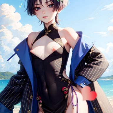 genshin impact, scaramouche (genshin impact), stable diffusion, 1boy, butterfly, chinese clothes, clouds, cloudy sky, femboy, girly, girly boy, hairclip, halo, hand on hip, heart