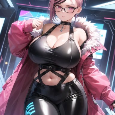 original, original character, shadyfox, stable diffusion, 1girls, bare shoulders, belts, big breasts, black-framed eyewear, black hair, black pants, choker, cleavage, collarbone, cowboy shot