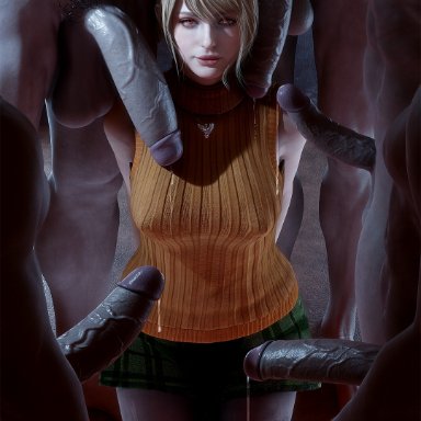 resident evil, resident evil 4 remake, ashley graham, ashley graham (ella freya), thiccboyseven, thiccboysteven, 1girls, big penis, blonde hair, clothed, cum, cum drip, gangbang, group, holding hands