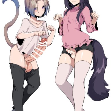 omoi (hamidemachi), sera aori (hamidemachi), hamidemachi, 2boys, animal ears, black hair, black pants, black shorts, blue hair, blush, brown hair, cat boy, cat ears, cat tail, closed mouth