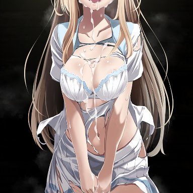 pokemon, pokemon (game), pokemon sm, lillie (pokemon), tsukishiro saika, after rape, black background, blonde hair, bra, breasts, cleavage, closed eyes, collarbone, crying, cum