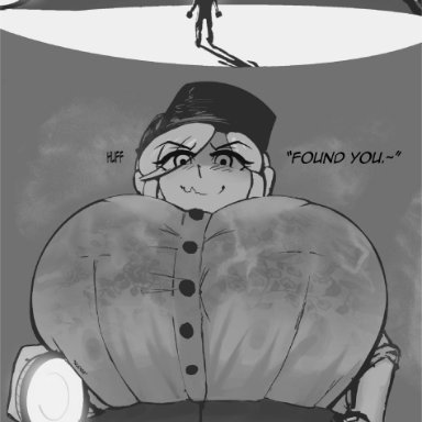 five nights at freddy's, vanessa (fnaf), katsu mega, flashlight, giant breasts, giantess, micro male, nervous, nervous smile, security guard, wet clothes, black and white