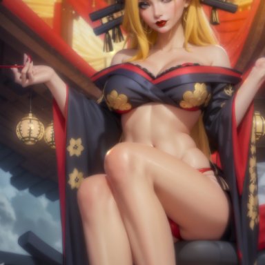 one piece, toei animation, black maria, coomette, stable diffusion, 1girls, curvaceous, curvy body, curvy female, female focus, female only, horned female, horned humanoid, horns, kimono