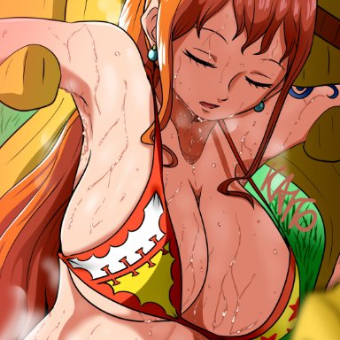 one piece, nami, 1girls, armpits, big breasts, bikini top, breasts, cleavage, female, huge breasts, jeans, kaito (artist), lifted by another, orange hair, ponytail