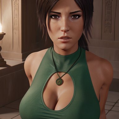 tomb raider, tomb raider (survivor), lara croft, lara croft (survivor), fr34ky, wildeerstudio, 1girls, big breasts, brown eyes, brown hair, cleavage, cleavage cutout, clothed, female, large breasts