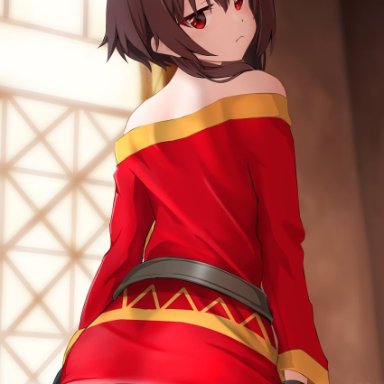 megumin, gibun (sozoshu), 1girls, ass, ass support, bare shoulders, belt, bottomless, brown hair, fingerless gloves, indoors, looking at viewer, looking back, no panties, partially clothed