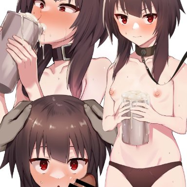 megumin, 1boy, ass visible through thighs, bandaged leg, bandages, blush, breasts, brown hair, brown panties, brown thighhighs, closed mouth, collar, collarbone, cum, cum in container