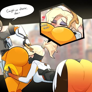 overwatch, angela ziegler, mercy, tracer, oddtenn, ass, big ass, big butt, booty, butt sniffing, face in ass, female