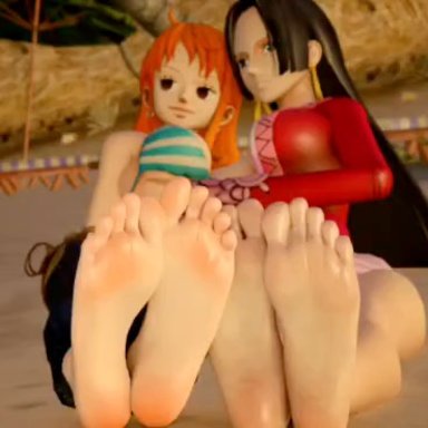 one piece, boa hancock, nami, dalliance18, 2girls, bare soles, barefoot, feet, feet together, feet towards viewer, female, female only, foot fetish, foot focus, foot play