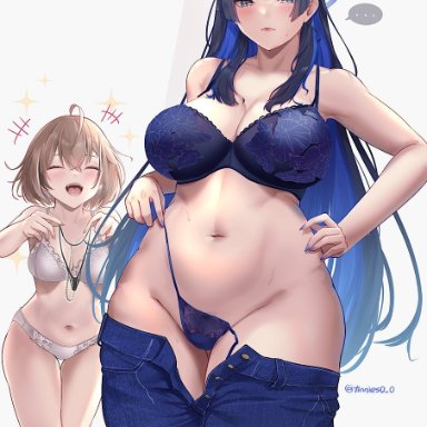 hololive, hololive english, hololive english -council-, nanashi mumei, ouro kronii, tinnies, 2girls, blue eyes, blue hair, blush, breast size difference, breasts, brown hair, embarrassed, female