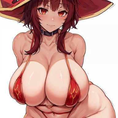 megumin, stable diffusion, 1girls, aged up, big breasts, bra, breasts, brown hair, female, huge breasts, light-skinned female, light skin, long hair, looking at viewer, massive breasts