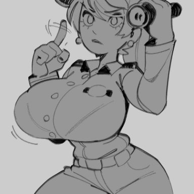 five nights at freddy's, vanessa (fnaf), wamudraws, clothed female, flashlight, huge breasts, security guard, thick thighs, black and white, sketch
