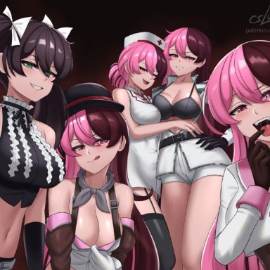 rwby, neo (rwby), cslucaris, black hair, bra, cleavage, clone, clothing, female, green eyes, group, hat, heterochromia, human, licking lips