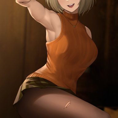 resident evil, resident evil 4, resident evil 4 remake, ashley graham, ashley graham (ella freya), 1girls, blonde hair, breasts, clothed, clothing, crossed legs, female, female only, human, legs