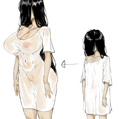 the ring, yamamura sadako, artist request, 1girls, 1monster, aged up, apparition, big breasts, big nipples, black hair, breasts, busty, child bearing hips, curvaceous, curves