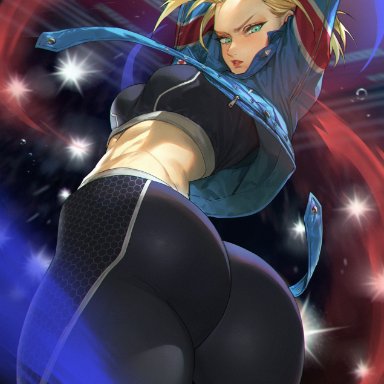 street fighter, street fighter 6, cammy white, mhk (mechamania), 1girls, arms behind head, arms up, ass, bare shoulders, black gloves, black pants, black sports bra, blonde hair, blue eyes, blue jacket