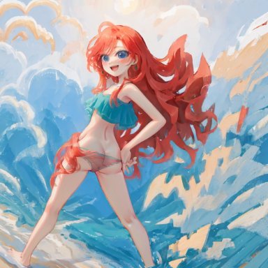 dreamworks, ruby gillman, teenage kraken, chelsea (ruby gillman), stable diffusion, ass, bikini, blue eyes, breasts, female, legs, midriff, pastel, red hair, smile