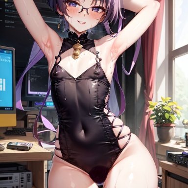 genshin impact, scaramouche (genshin impact), ganyuishot7, stable diffusion, 1boy, armpits, arms behind head, arms up, blush, bulge, curtain, curvy, femboy, girly, girly boy