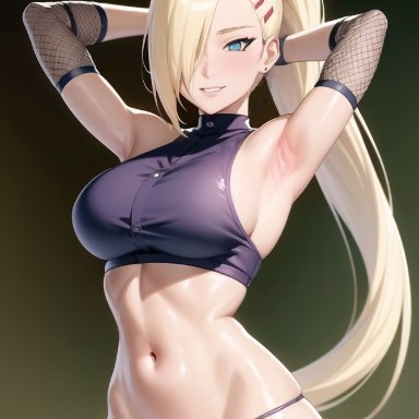 naruto, naruto (series), naruto shippuden, ino yamanaka, stable diffusion, 1girls, armpits, arms behind head, arms up, bare arms, bare shoulders, big breasts, blonde hair, blue eyes, bottomless